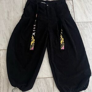 Wide Leg Black Corduroy Harem Pants with Decorative Drawstrings